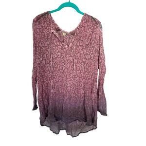 Lucky Brand XL Boho Sheer Blouse Pink Purple Floral Peasant Top long sleeve